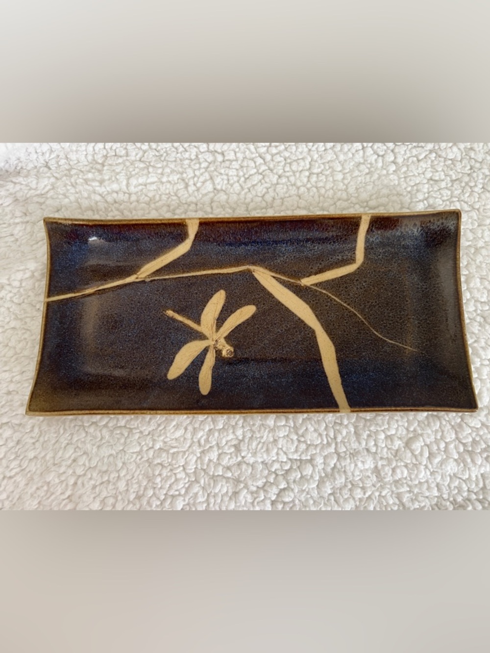 Kaleidoscaope Pottery med, Dark Grass Patterned Blue Glazed Tray MCM, dragonfly